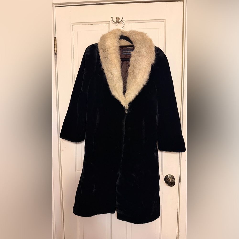 Outer layers Black Faux Fur Coat with Cream Collar